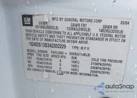 2004 Chevrolet Trailblazer Ls z USA, uszkodzony, nr VIN 1GNDS13S342352229